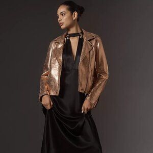 NWT BRAND NEW-By Anthropologie Metallic Faux Leather Moto Jacket Bronze